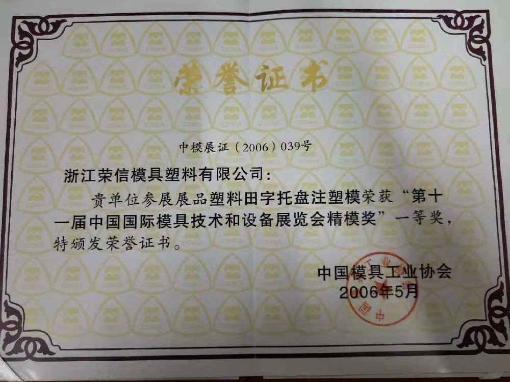 First prize certificate of the eleventh fine model award